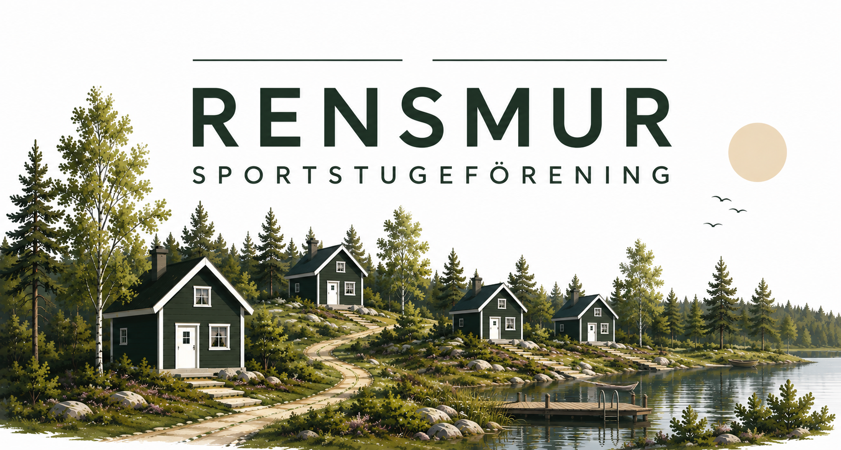 Illustration av Rensmurs sportstugor vid sjön med brygga och tallskog